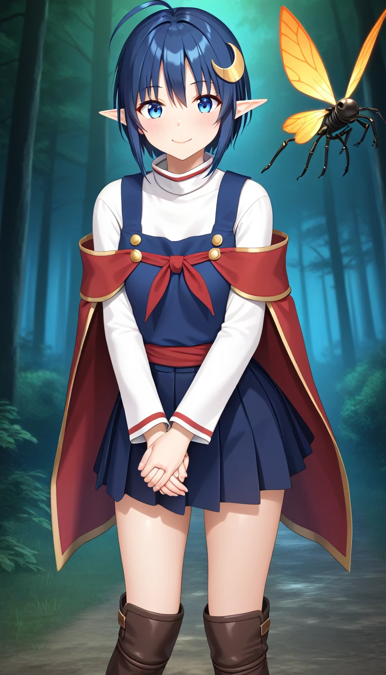 1girl, RENA LANFORD, 1GIRL, AHOGE, BLUE HAIR, SHORT HAIR, BLUE EYES, POINTY EARS
CRESCENT HAIR ORNAMENT, RED CAPE, BLUE VEST, LEATHER ARMOR, RED RIBBON, WAIST RIBBON, BLUE SKIRT, MINISKIRT, SHOES, BREAK kawaii, smile, cowboy shot, own hands clasped, forest, night, lightning bug, light particle, BREAK detailed face, smooth skin, cinematic lighting, volumetric shadow, BREAK 3D, CG illustration, score_9,