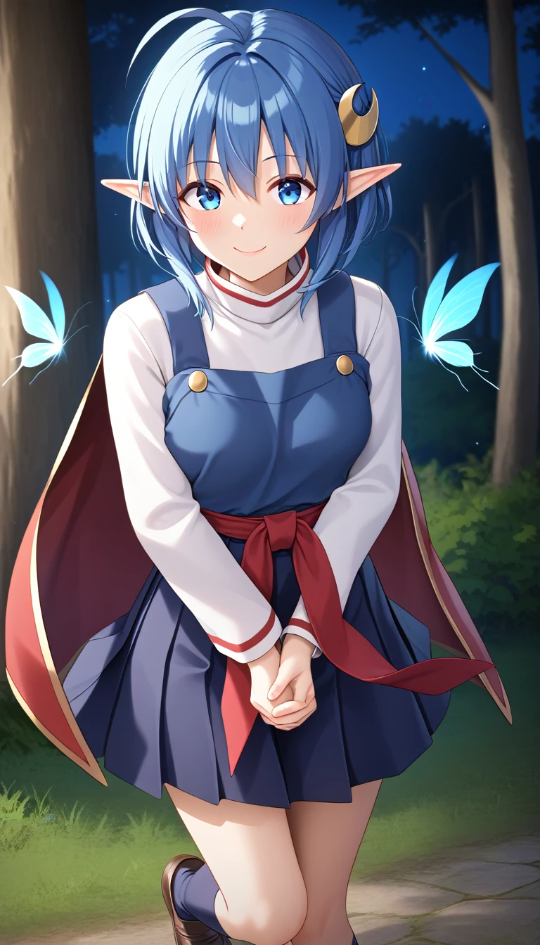 1girl, RENA LANFORD, 1GIRL, AHOGE, BLUE HAIR, SHORT HAIR, BLUE EYES, POINTY EARS
CRESCENT HAIR ORNAMENT, RED CAPE, BLUE VEST, LEATHER ARMOR, RED RIBBON, WAIST RIBBON, BLUE SKIRT, MINISKIRT, SHOES, BREAK kawaii, smile, cowboy shot, own hands clasped, forest, night, lightning bug, light particle, BREAK detailed face, smooth skin, cinematic lighting, volumetric shadow, BREAK 3D, CG illustration, score_9,