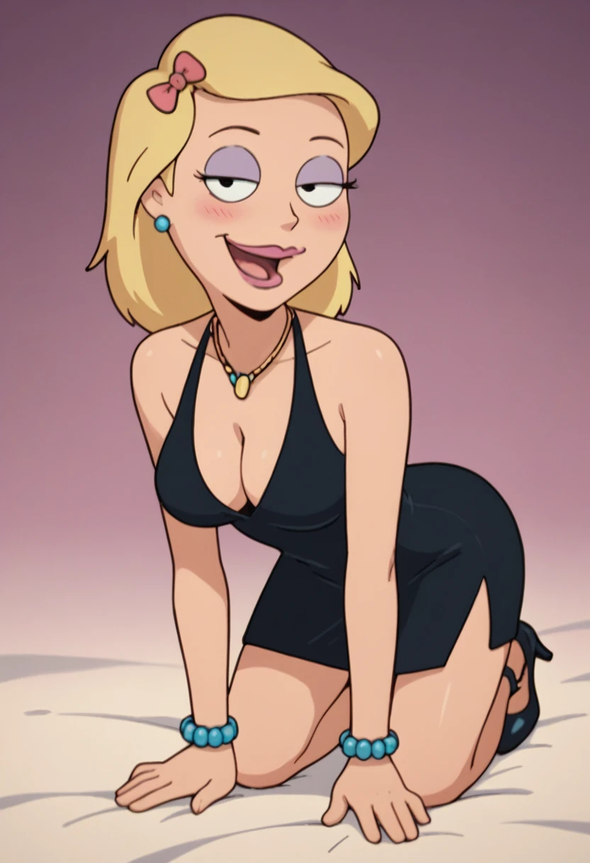 becky, 1girl, blonde hair, solo, breasts, cleavage, black dress, earrings, makeup, hair bow, necklace, high heels, medium breasts, open mouth, smile, bracelet, lipstick,looking at viewer, smile, naughty face,club score_9, score_8_up, score_7_up, score_6_up, on fours, upper body, seductive smile, aroused, medium elbow squeeze, breasts squeezed together, blushing,