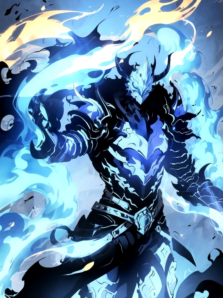 solo, cowboy shot, armor, helmet, fire, shoulder armor, gauntlets, blue theme, breastplate, full armor, blue fire, undead shadow knight with blue flames and black body