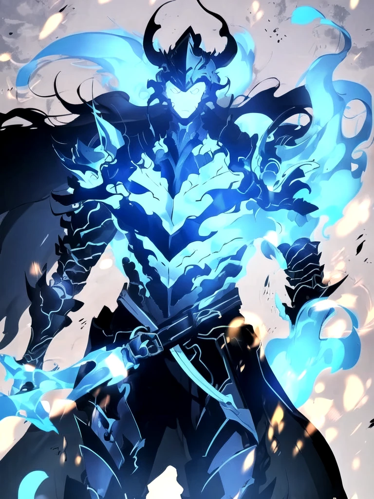 solo, cowboy shot, armor, helmet, fire, shoulder armor, gauntlets, blue theme, breastplate, full armor, blue fire, undead shadow knight with blue flames and black body
