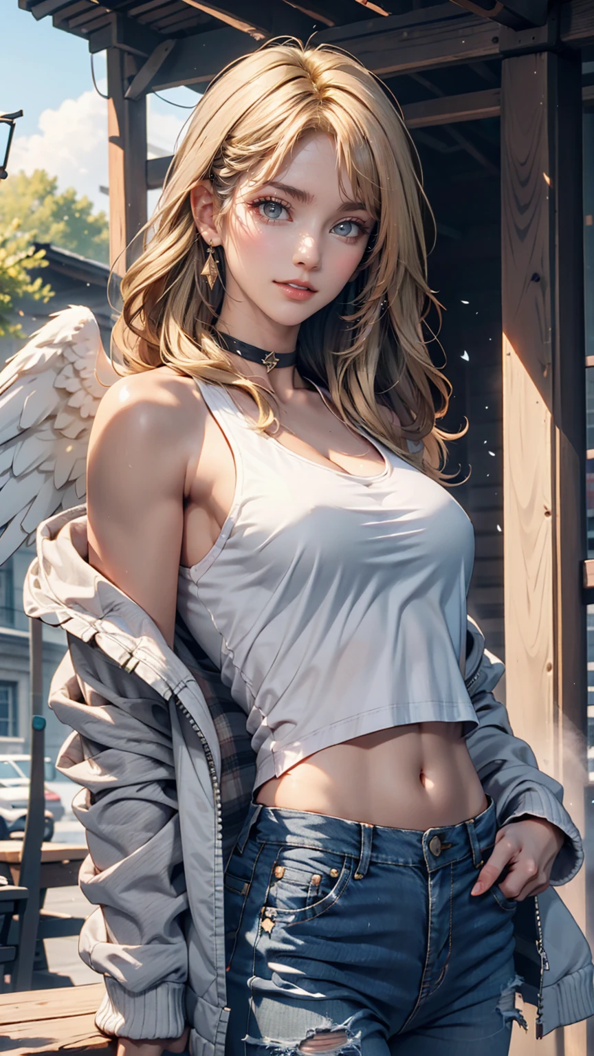 One girl, Medium chest, Blonde, Long Hair, Wavy Hair, Grey Eyes, White Feather Wings, Angel, Outdoor, White jacket, choker, Tank top, jeans
