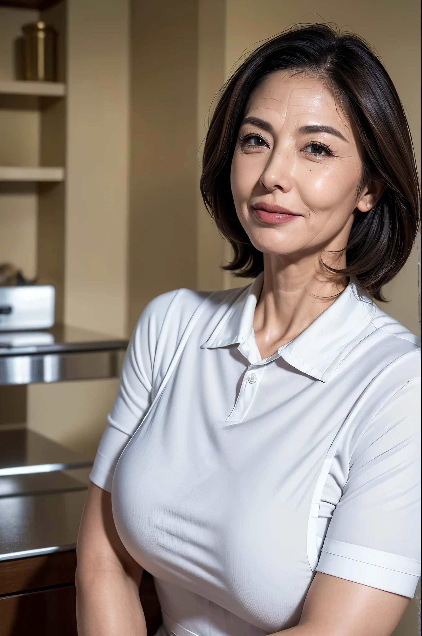 (masterpiece:1.4),(58 years old female :1.5),(Facial wrinkles:1.2), (mid-length Hair : 1), gentle smile, beautiful Mature Woman, glossy make up, thick lips, (White apron : 1.3), (short-sleeve collared shirt : 1.2), pores, Skin blemishes, fleckled skin, realistic detailed skin, (Plump arms : 1.3), kitchen