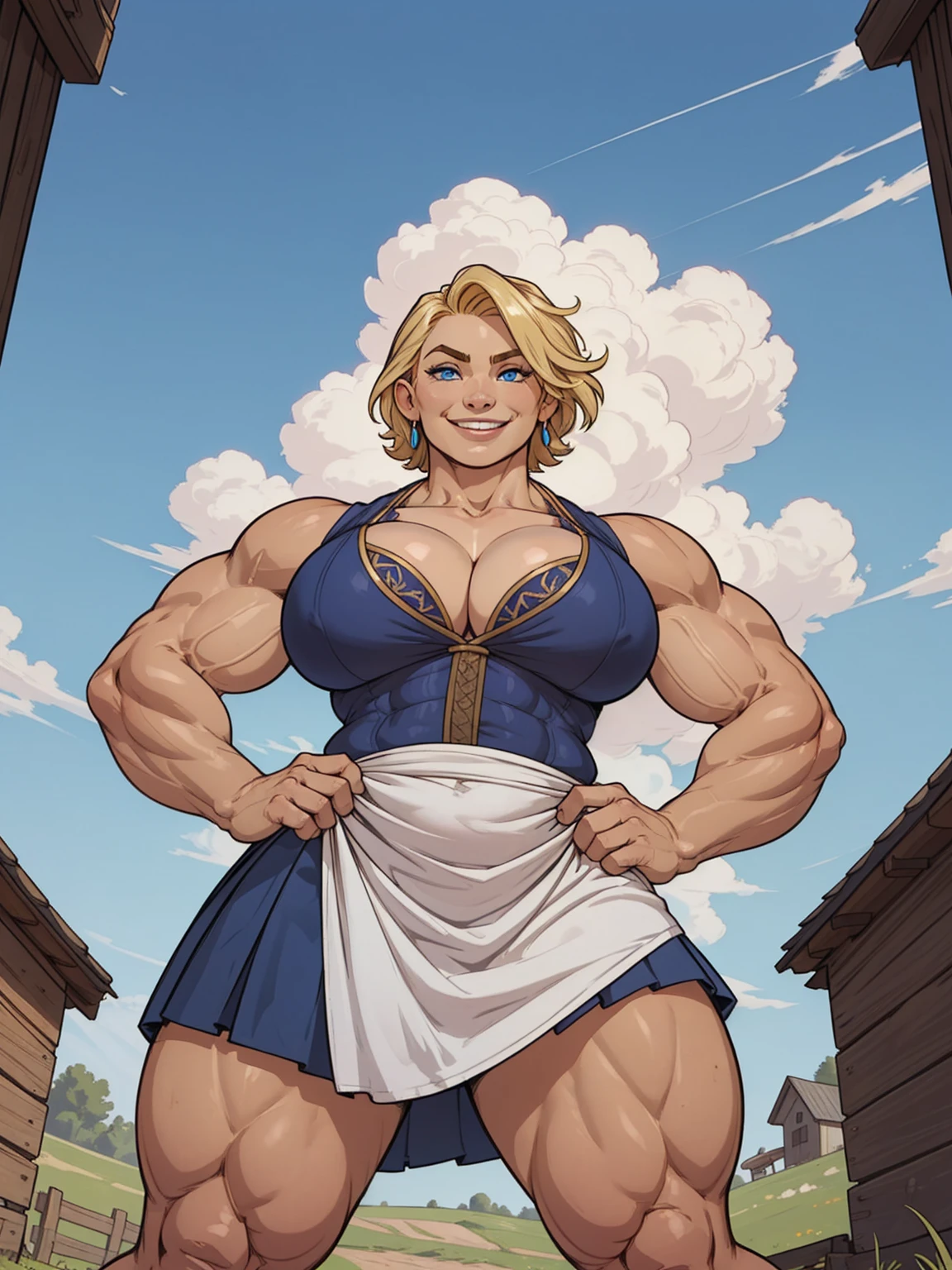 solo, 1girl, female, blonde hair, short hair, blue eyes, huge breasts, muscular, bodybuilder, smiling, medieval outfit, peasant clothing, farm environment, (loose white blouse:1.2), skirt, huge breasts, cleavage, bare arms, hands on hips, from below, extremely low angle,