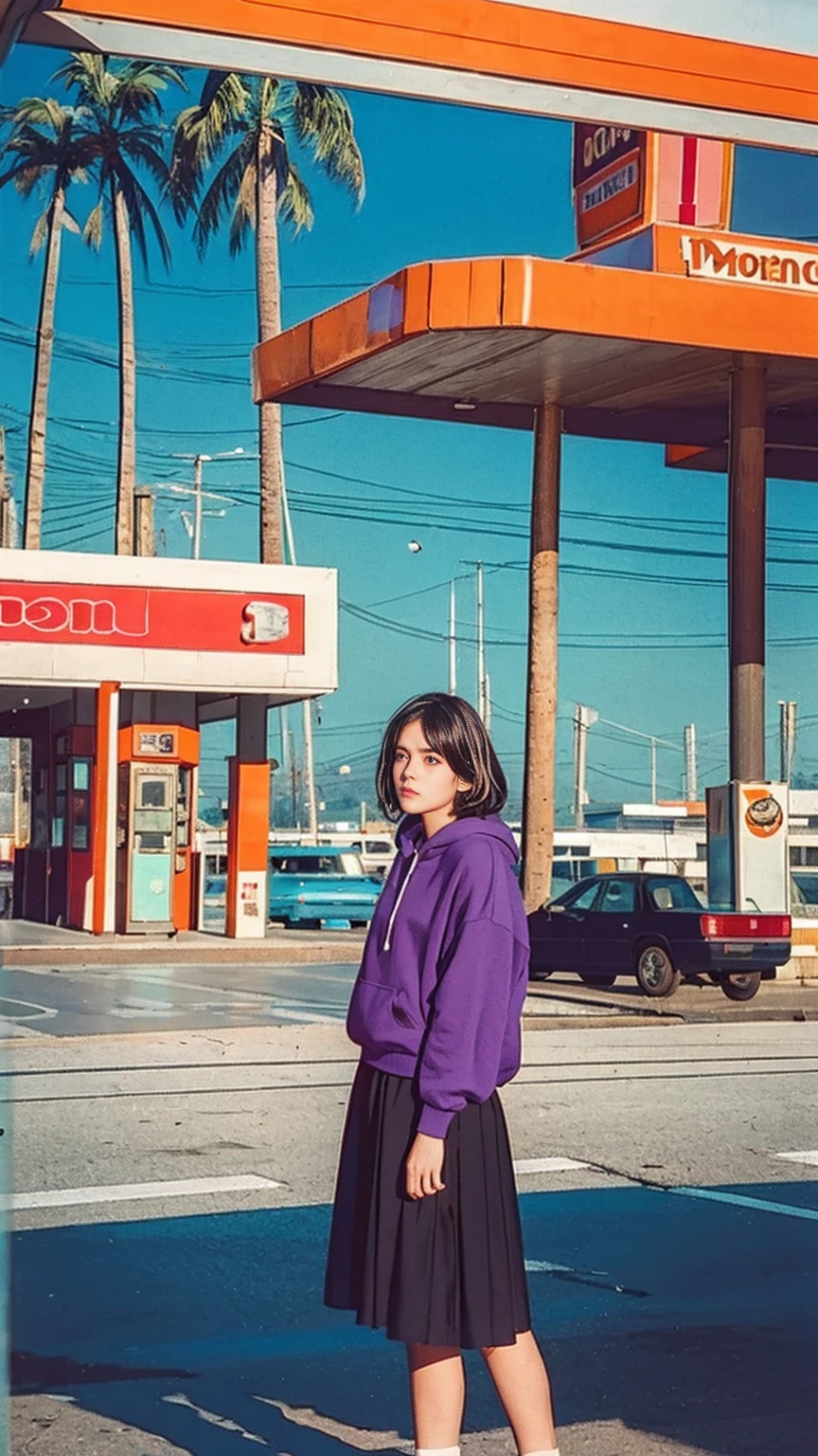 analog film photo cinematic photograph long shot portraits by Wes Anderson, cute 23 yo girl ,fokus, bokeh ,wear ((orange color oversized_hoodie)), wear ((purple tennis skirt)),looking front,Best Quality,Masterpiece,Ultra High Resolution,(Realisticity:1.4),Original Photo, 1Girl, light leak,ultra high resolution,UHD,beautiful, (black bob hair), almond eye, no makeup, in front of (80's gas station), (realistic:1.2), (surreal:1.3), (very detailed:1.1), ((masterpiece)),summer, blue sky, palm trees,sunny, los angles vibes,film camera, 800mm lens,style of Philip Lorca diCorcia