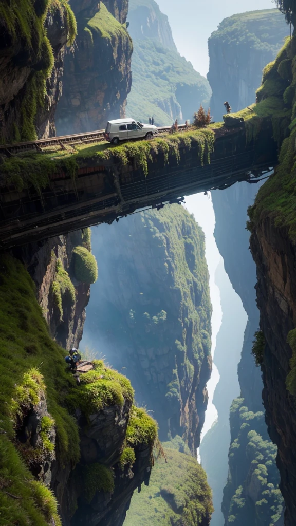 make a very real picture of a rusted crash airplane being stuck alongside a very high cliff, moss, scary scenery, hyper-realistic, 16k