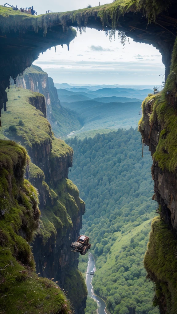 make a very real picture of a rusted crash airplane being stuck alongside a very high cliff, moss, scary scenery, hyper-realistic, 16k