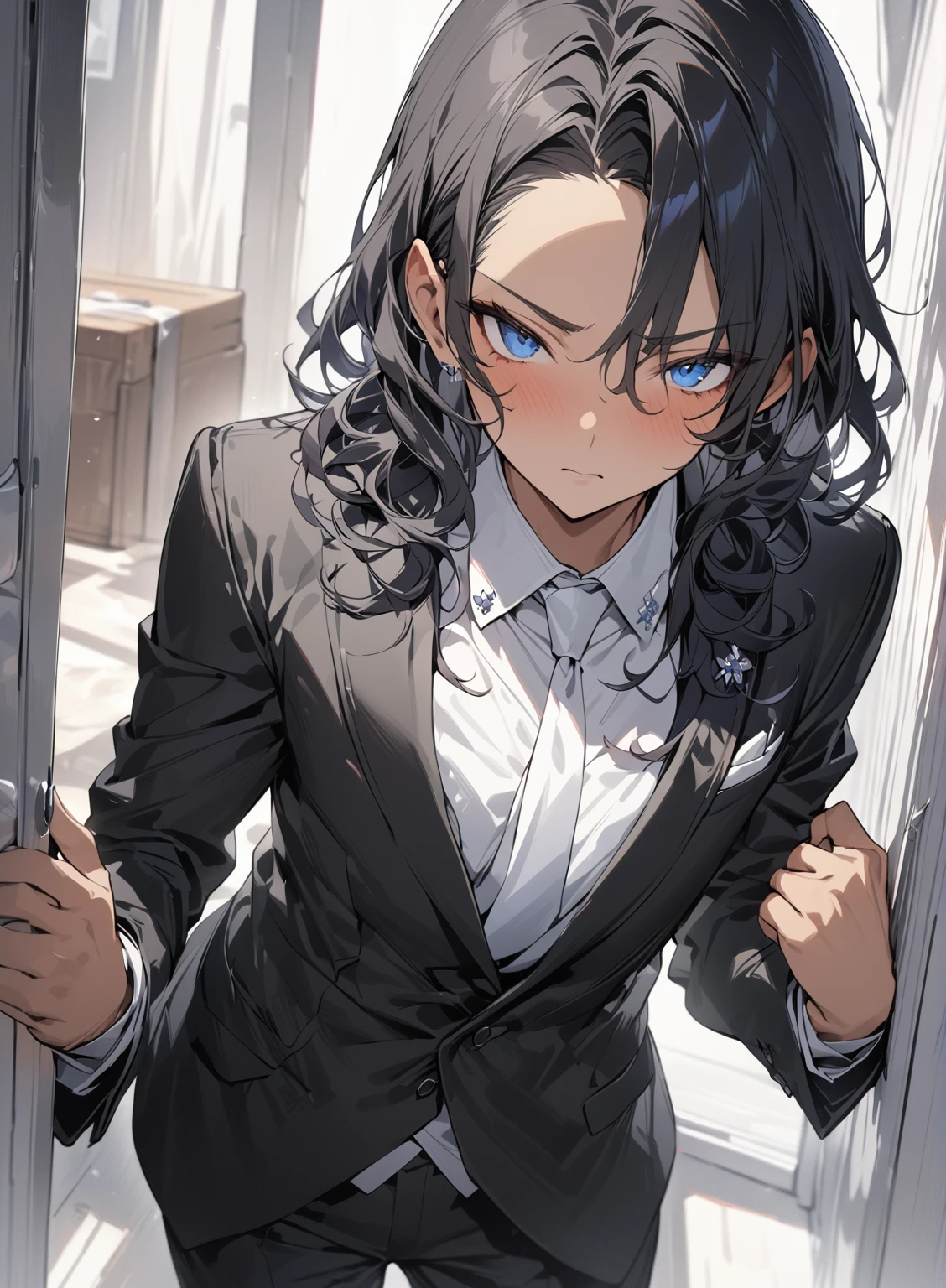 (( straight face picture )) ((best quality)), (Masterpiece)), (details), ( Beautiful colors ) ( ornamentation ) ( see the whole body ) young man , Tanned skin , black hair ,blue eyes ,Shoulder-length hair ,Slightly curly hair , open forehead , wearing a black suit ,white tie , Wear a white doctor's coat , , Have a rosary in hand