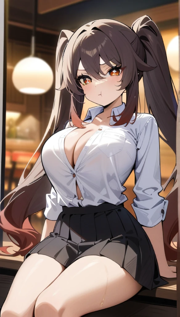 masterpiece, best quality, very aesthetic, absurdres, newest,1girl, pleated skirt, shirt tucked in, tented shirt,hu_tao(genshin impact),hu tao, long brown hair, big breasts, unbuttoned shirt, very strong abs, red eyes, twin tails,,pout,in a restaurant,sitting,floating_hair, bare belly