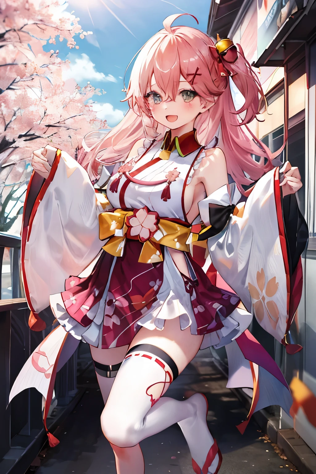 masterpiece, best quality, highres, miko1, sakura_miko, 1girl, big_boobs, solo, ahoge, x_hair_ornament, pink_hair, floral print, hairclip,(side_less_clothes:1.5), (side_boobs:1.5), hair_bell, floral print, long_hair, hair between eyes, one side up, white thighhighs, asymmetrical legwear, wide sleeves, open_mouth,(happy:1.3),gleen_eyes,big_smile,(rise_leg:1.3),plump,apart_legs,(overly_long_sleeves:1.3),),sleeves_past_wrists,hands_hidden_sleeves,sidelock_clothes,dynamic_posing,solo,hidden_wrists,(XD:1.4),covered_nipples,sunlight,cherryblossom_background,