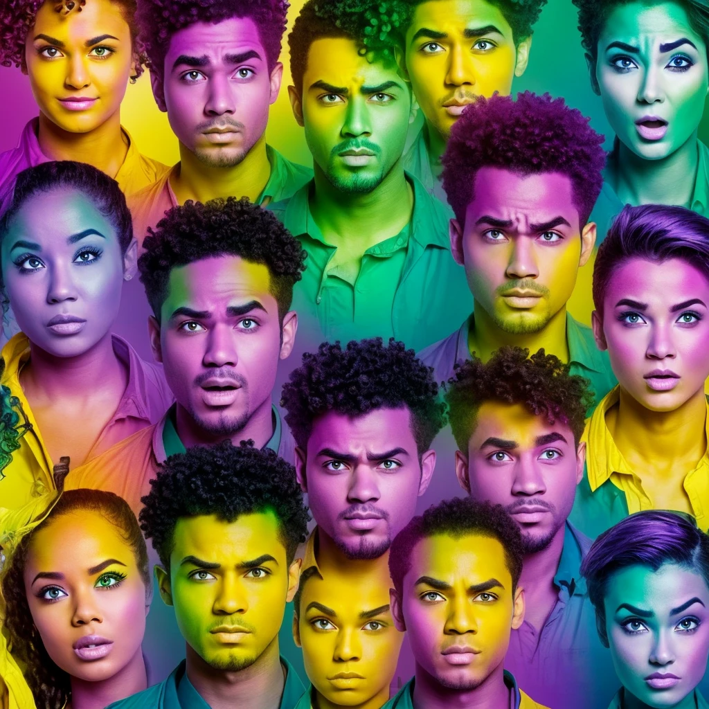 A group of people with exaggerated expressions reflecting different negative stereotypes: a stern boss with an angry face holding a clipboard (colored in purple), an overly concerned person with a worried look carrying a stack of self-help books (colored in green), a dreamy individual with a vacant expression and floating thought bubbles (colored in blue), a cold and logical person with a detached stare surrounded by equations (colored in yellow), and an impulsive adventurer with wild hair and a mischievous grin (colored in a mix of all four colors). The background should be bold and vibrant, with dramatic lighting that highlights their expressions. Each character should be set against a backdrop in their respective colors, creating a striking, eye-catching composition perfect for a thumbnail.