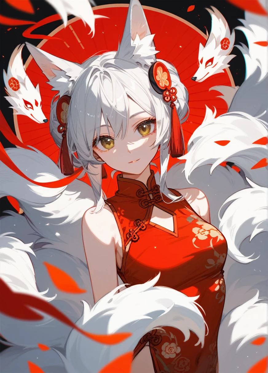 (Fraction_9,Fraction_8_Direction_7_up),1 Woman,Nine-tailed Fox,Fox ears,Silver Hair,Brown eyes,Hanfu,beautiful_Face,cheongsam,Nine Tails,