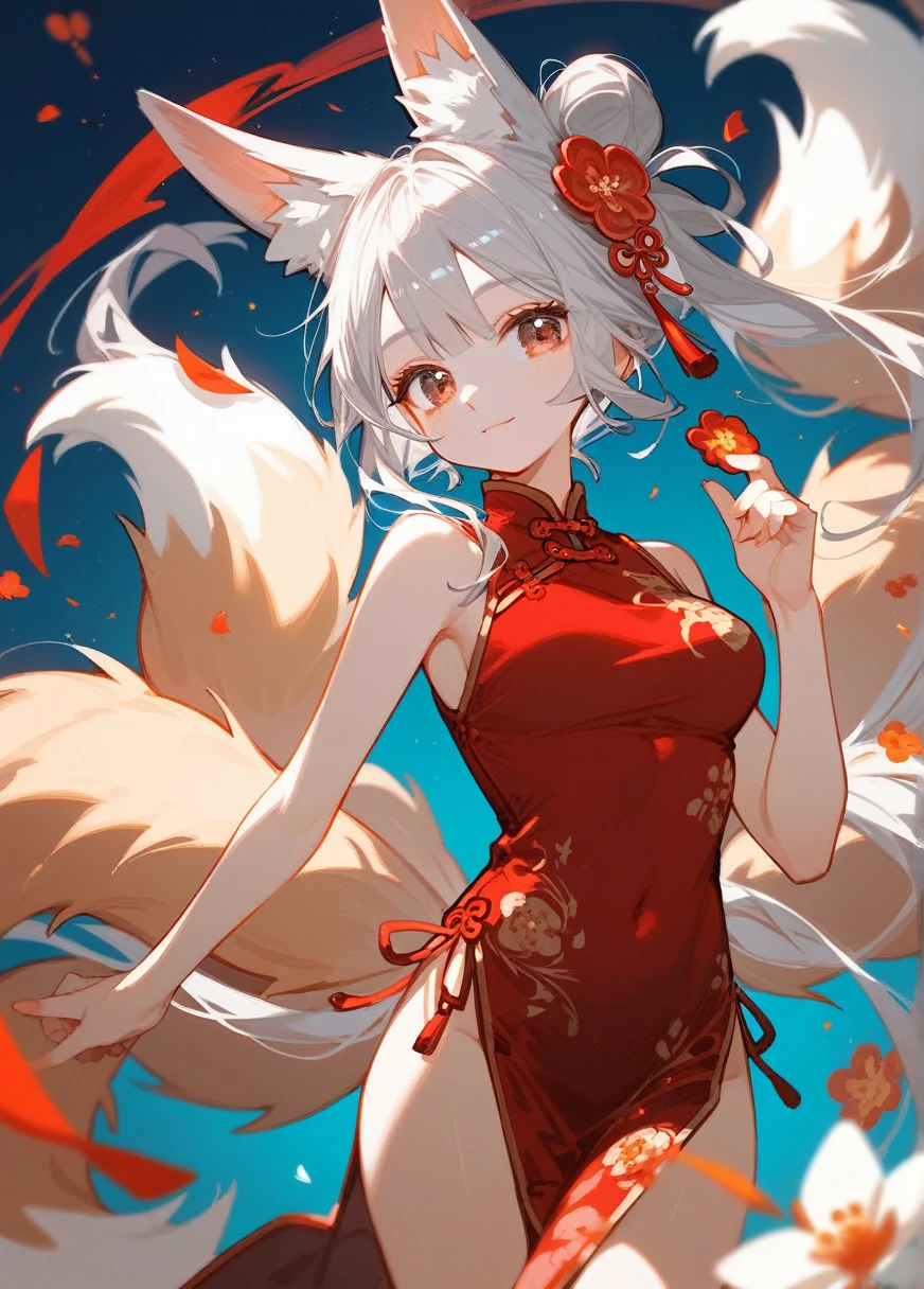 (Fraction_9,Fraction_8_Direction_7_up),1 Woman,Nine-tailed Fox,Fox ears,Silver Hair,Brown eyes,Hanfu,beautiful_Face,cheongsam,Nine Tails,