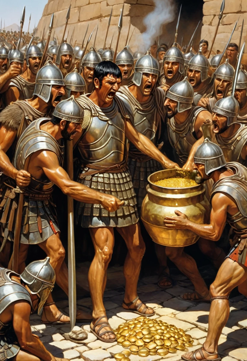 "A detailed image of Parthian soldiers preparing to execute Crassus, holding a container of molten gold. Crassus has a look of terror and desperation on his face."
Size: "1024x1024"