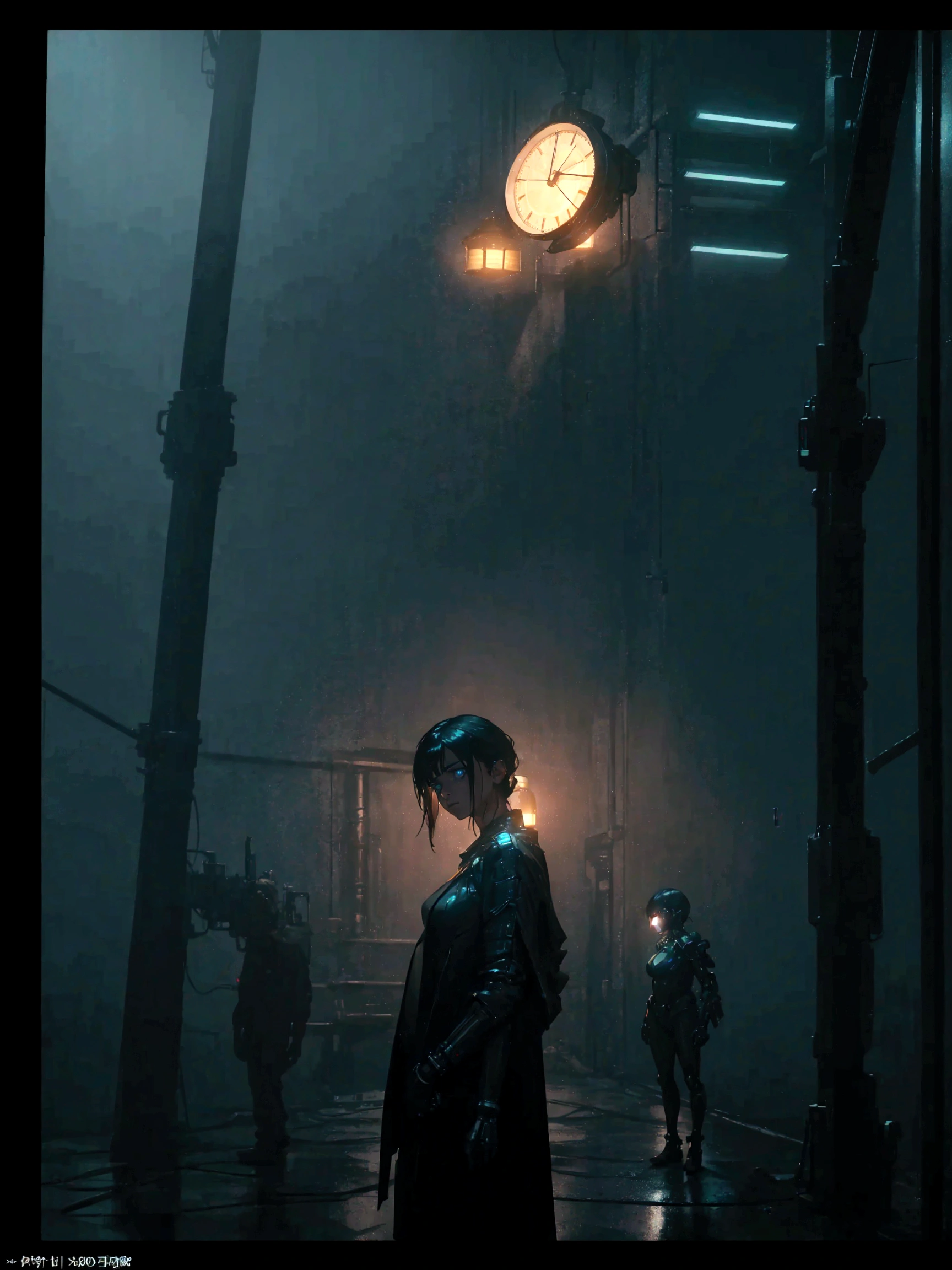 A woman stands in the dark with a clock in the background, Sci-fi movie stills, ドラマチックなSci-fi movie stills, Photos with a cinematic atmosphere, Moody cinema lighting, Dark cinema lighting, Cinematic sci-fi shots, Grainy cinematic lighting, Cyberpunk LUTs, Dark cinema lighting, Beautiful and cinematic lighting, cinematic beeple, Dramatic lighting science fiction, Blade Runner atmosphere