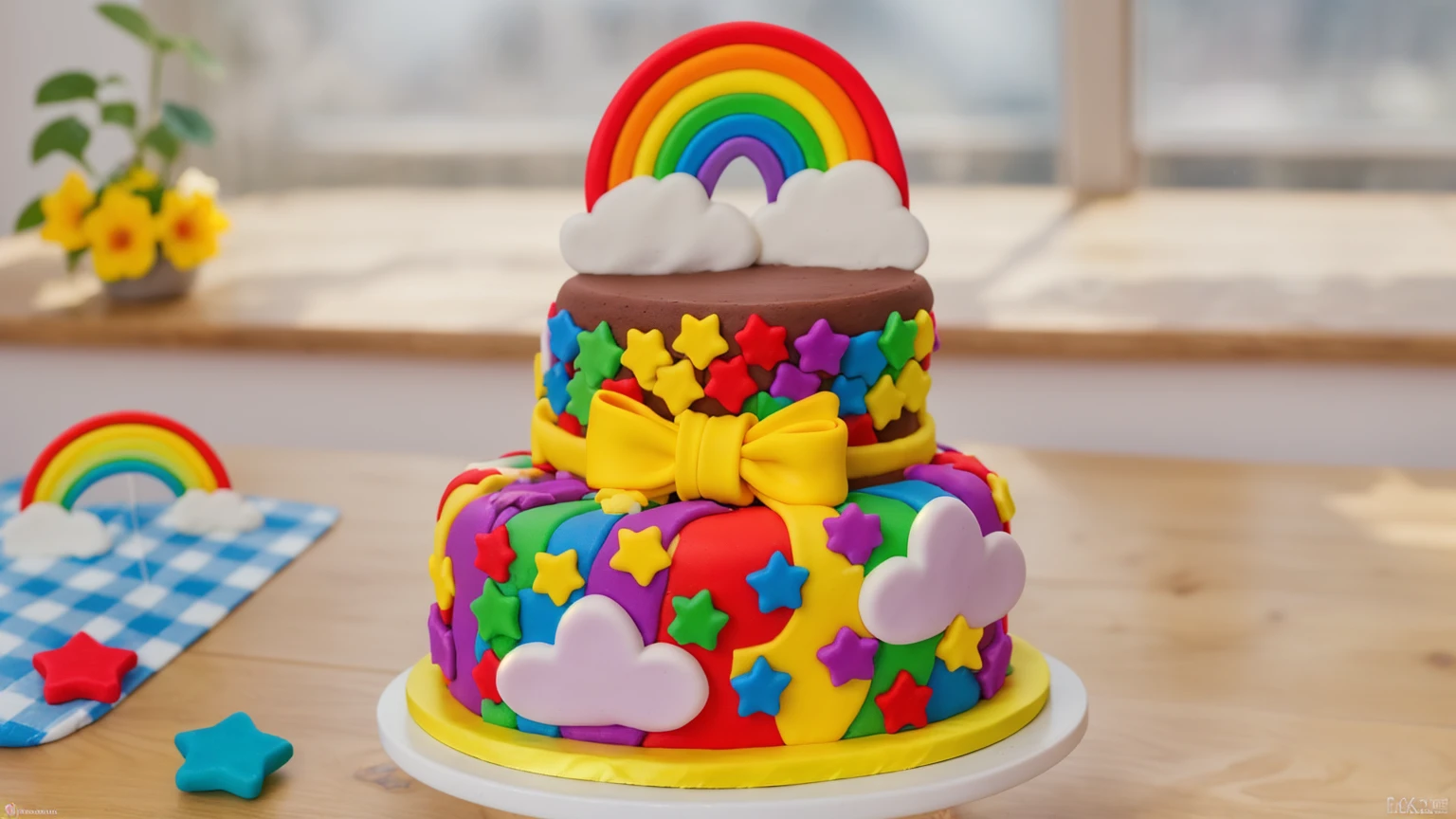 on a wooden table, two-tier cake on a white plate. chocolate cake. polymer clay cake decor, rainbow stripes, rainbow stars, white glazes made of polymer clay, Yellow bow, polymer clay rainbow, brown cream near a rainbow in the shape of clouds. на деревянном столе голубая сккатерть в клеточку на которой лежат rainbow stars и polymer clay rainbow. against the background of the kitchen, against the background of the window, Beautiful light from the window, Beautiful sunlight, bright lighting, there is a vase with a plant on a wooden table. Realistic style, realistic texture, detailed texture, high quality, A high resolution, macro photography, ultra hd 4k,