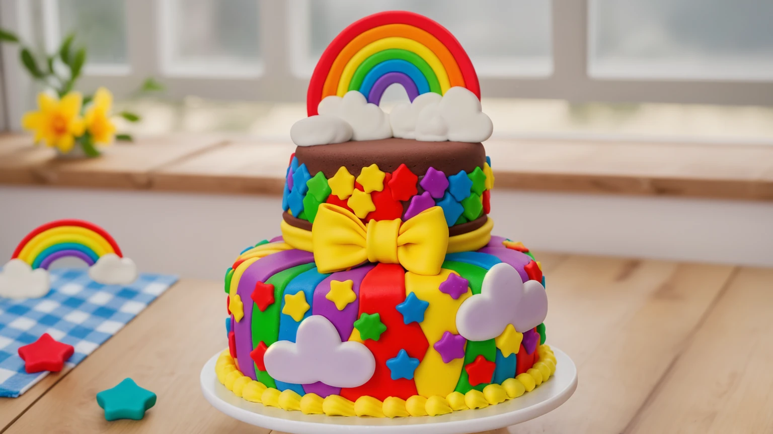 on a wooden table, two-tier cake on a white plate. chocolate cake. polymer clay cake decor, rainbow stripes, rainbow stars, white glazes made of polymer clay, Yellow bow, polymer clay rainbow, brown cream near a rainbow in the shape of clouds. на деревянном столе голубая сккатерть в клеточку на которой лежат rainbow stars и polymer clay rainbow. against the background of the kitchen, against the background of the window, Beautiful light from the window, Beautiful sunlight, bright lighting, there is a vase with a plant on a wooden table. Realistic style, realistic texture, detailed texture, high quality, A high resolution, macro photography, ultra hd 4k, 