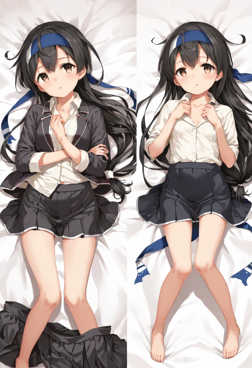 score_9, score_8_up, score_7_up, source_anime, Idealized Forms, Natural Light, details background, blurry background, extremely detailed,1girl,hatsushimo(kancolle),brown eyes,(left(white)right(blue))headband,(black)long hair,(low-tied)hair,(black)hair,small breasts,(petite),shirt,blazer,black skirt,single thighhigh,(dakimakura)