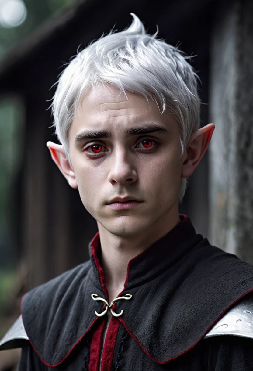 one young elf man, grey skin, short white hair, red eyes dark clothes, tired, sad