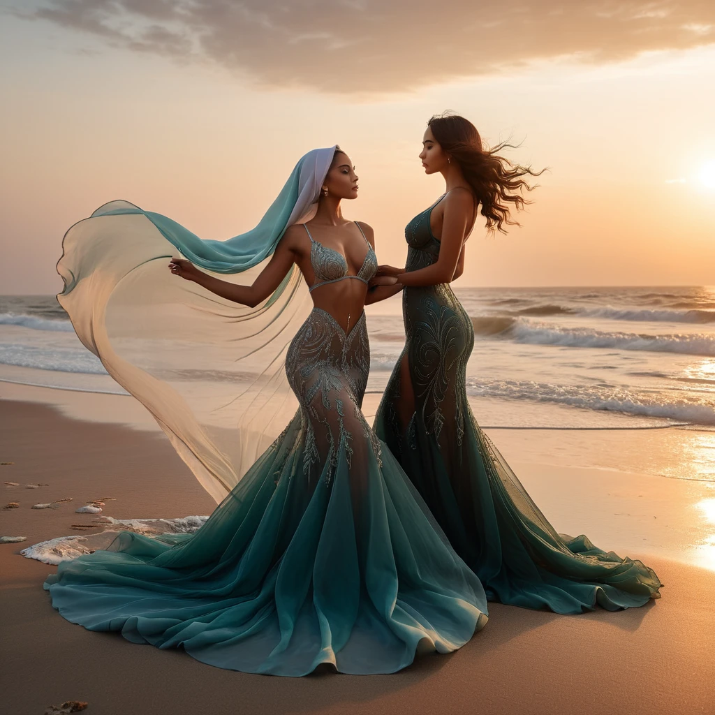 Two woman in the sheer gown, bra expose,nipple on,wearing hijab, full body,mermaid tight long gown, flowy dramatic long gown,very long flor length gown, tall women, in beach,sunset,  face, wind blow her gown,sexy pose, masterpice, hyper realistic, realistic lightning