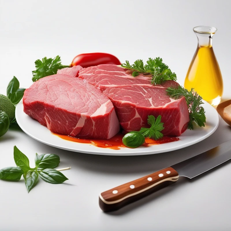 no humans, food focus, food, still life, meat, white background, simple background, knife, plate