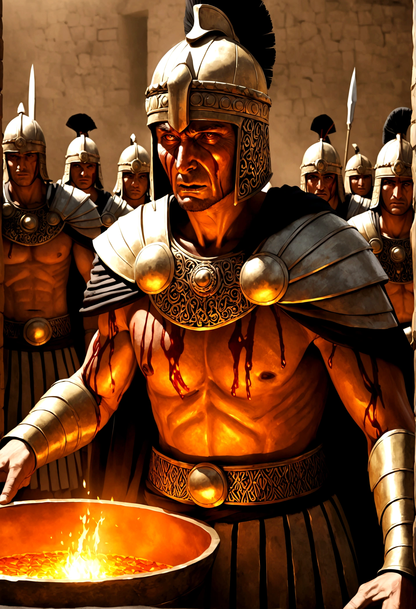 "A detailed image of Parthian soldiers preparing to execute Crassus, holding a container of molten gold. Crassus has a look of terror and desperation on his face."
Size: "1024x1024"