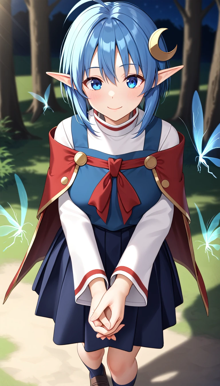 1girl, RENA LANFORD, 1GIRL, AHOGE, BLUE HAIR, SHORT HAIR, BLUE EYES, POINTY EARS
CRESCENT HAIR ORNAMENT, RED CAPE, BLUE VEST, LEATHER ARMOR, RED RIBBON, WAIST RIBBON, BLUE SKIRT, MINISKIRT, SHOES, BREAK kawaii, smile, cowboy shot, own hands clasped, forest, night, lightning bug, light particle, BREAK detailed face, smooth skin, cinematic lighting, volumetric shadow, BREAK 3D, CG illustration, score_9,