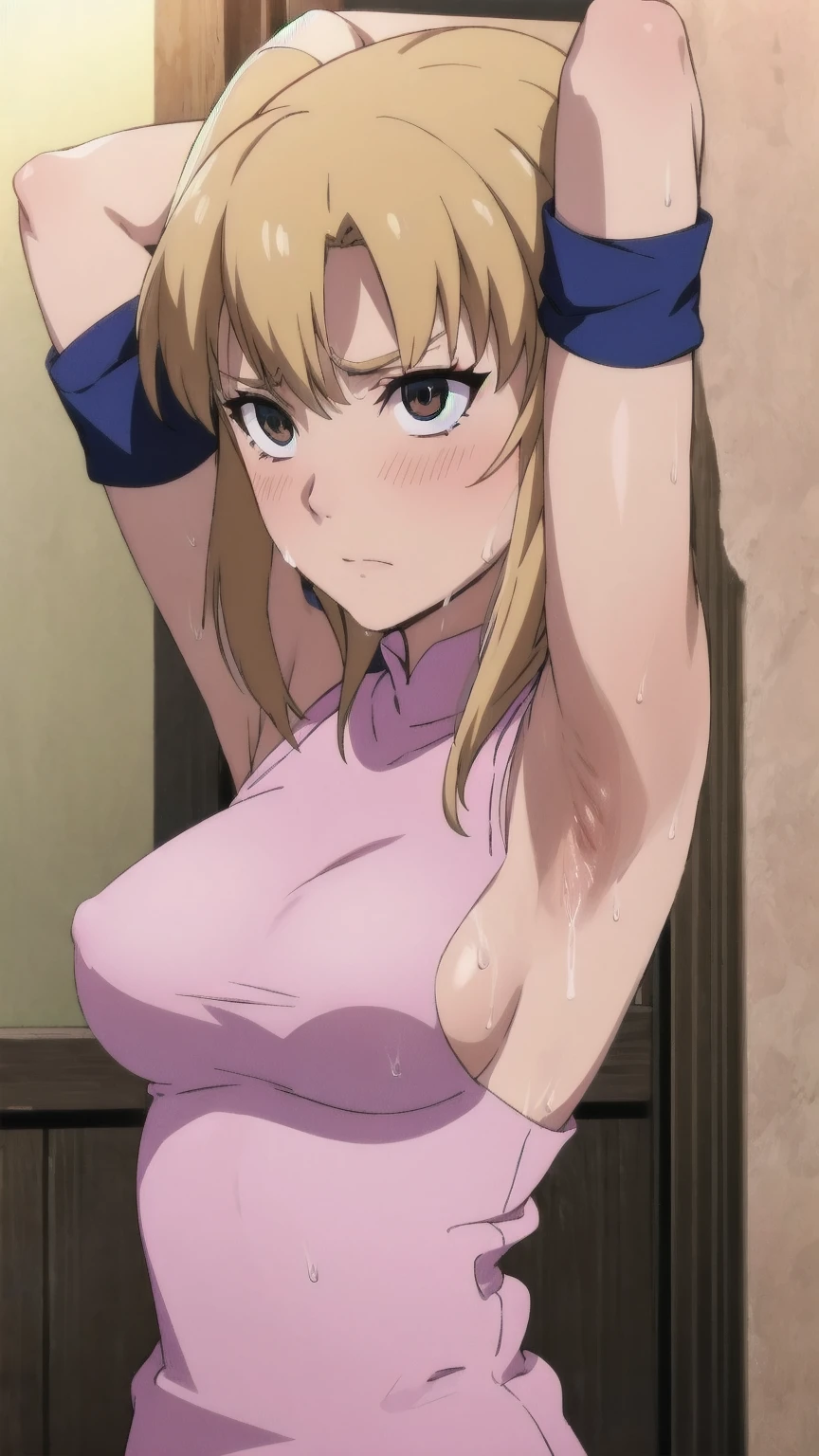 Tenten,solo,armpits,wet armpits, showing wet armpits, armpit,armpits,sweat,sweaty,sweaty armpits,awesome armpits,tired,exhausted,arms up,arm warmers,sleeveless, medium breasts, nude, naked, tits