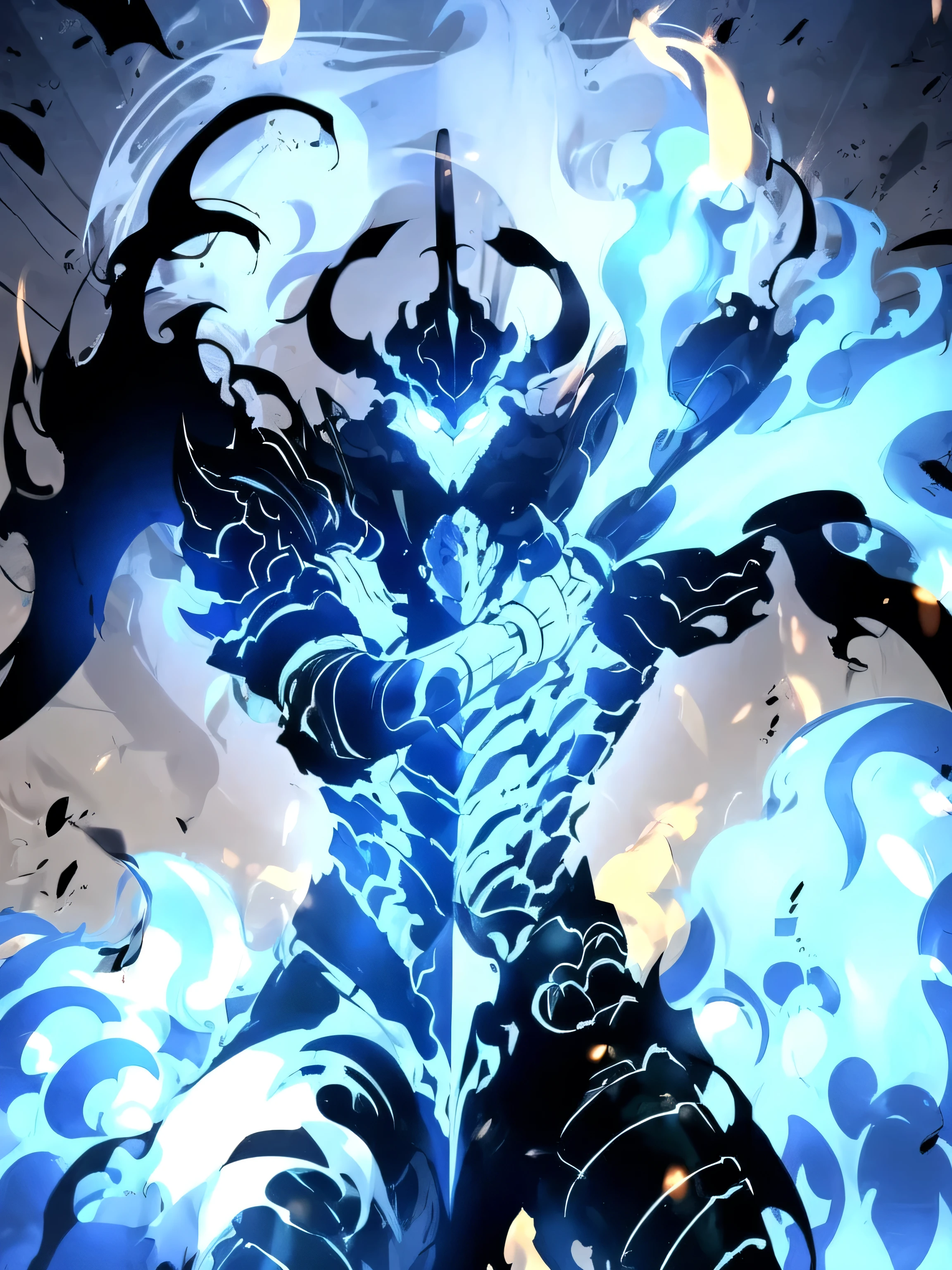 solo, cowboy shot, armor, helmet, fire, shoulder armor, gauntlets, blue theme, breastplate, full armor, blue fire, undead shadow knight with blue flames and black body