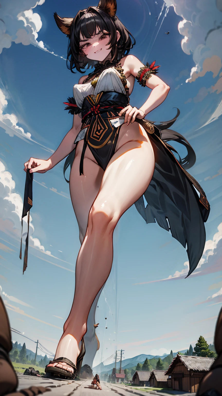 A ferocious giantess, dressed in a tribal outfit made of animal hides, with wild black hair and red eyes, strides through a prehistoric landscape. Her long, powerful legs crush primitive huts and terrified villagers underfoot. She gazes down at the tiny people below with a look of disdain, her voice filled with mocking laughter. Her voluptuous figure exudes an aura of raw power and primal sensuality, every step causing the ground to quake. Giantess, Goddess, sexy l, heels, hot, curvy body, mommy issues, small town, small people, tiny people, macrophilia, perspective from below, high quality, almost naked, mawoman, toric.
