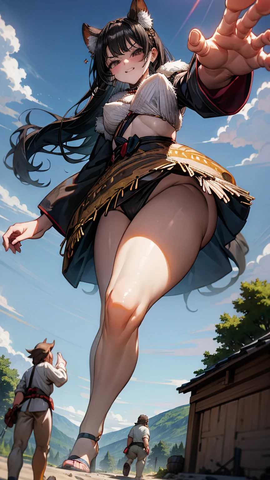 A ferocious giantess, dressed in a tribal outfit made of animal hides, with wild black hair and fierce red eyes, strides through a prehistoric landscape. Her long, powerful legs crush primitive huts and terrified villagers underfoot. She gazes down at the tiny people below with a look of disdain, her voice filled with mocking laughter. Her voluptuous figure exudes an aura of raw power and primal sensuality, every step causing the ground to quake. Giantess, Goddess, sexy legs, heels, hot, curvy body, mommy issues, small town, small people, tiny people, macrophilia, perspective from below, high quality, almost naked, mature woman, prehistoric.

