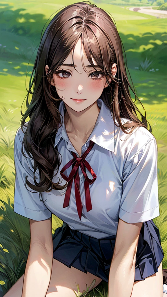 (masterpiece:1.2, top-quality, ultra high res, ultra detailed), (realistic, photorealistic:1.4), beautiful illustration, (natural side lighting, movie lighting),
looking at viewer, (face focus, upper body), 1 girl, japanese, high school dirl, perfect face, (perfect anatomy), cute and symmetrical face, baby face, shiny skin, slender
(long hair:1.5, straight hair:1.2, sark brown hair), parted bangs, grey eyes, long eye lasher, (medium breasts),
beautiful hair, beautiful face, beautiful detailed eyes, beautiful clavicle, beautiful body, beautiful chest, beautiful thigh, beautiful legs,
((detailed cloth texture, short sleeve white collared shirts, navy blue pleated mini skirt, red neck ribbon), , ,
(beautiful scenery), hands on chest, (lovely smile, upper eyes),
In the grass of the meadow, a girl, on all fours, from behind, from a large dog, holds her waist with her front paws, the lower half of the dog's body and the lower half of the woman's body are in close contact.
Her face, bright red, flushed high, both eyes closed, mouth open, whimpering.
Very short skirt.