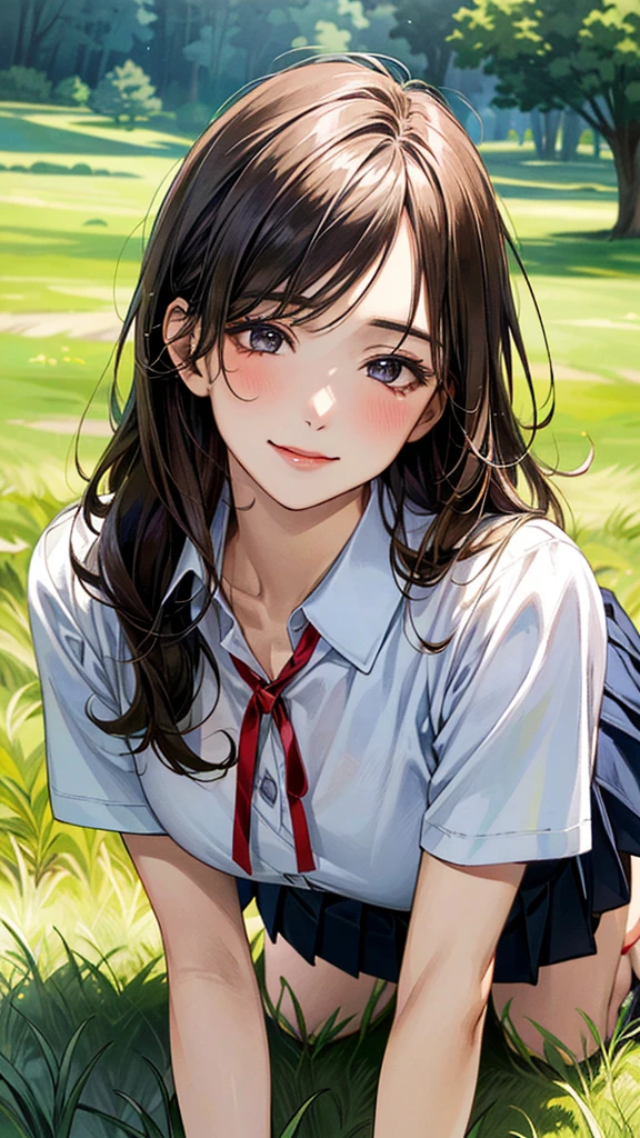 (masterpiece:1.2, top-quality, ultra high res, ultra detailed), (realistic, photorealistic:1.4), beautiful illustration, (natural side lighting, movie lighting),
looking at viewer, (face focus, upper body), 1 girl, japanese, high school dirl, perfect face, (perfect anatomy), cute and symmetrical face, baby face, shiny skin, slender
(long hair:1.5, straight hair:1.2, sark brown hair), parted bangs, grey eyes, long eye lasher, (medium breasts),
beautiful hair, beautiful face, beautiful detailed eyes, beautiful clavicle, beautiful body, beautiful chest, beautiful thigh, beautiful legs,
((detailed cloth texture, short sleeve white collared shirts, navy blue pleated mini skirt, red neck ribbon), , ,
(beautiful scenery), hands on chest, (lovely smile, upper eyes),
In the grass of the meadow, a girl, on all fours, from behind, from a large dog, holds her waist with her front paws, the lower half of the dog's body and the lower half of the woman's body are in close contact.
Her face, bright red, flushed high, both eyes closed, mouth open, whimpering.
Very short skirt.