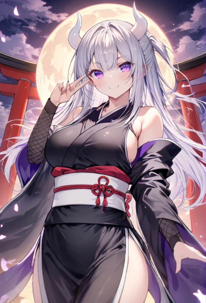 Long silver hair, Smile Torii Sexy

, black ninja, full moon, purple eyes, white horns salute