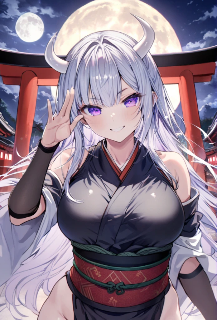 Long silver hair, Smile Torii Sexy
, black ninja, full moon, purple eyes, white horns salute