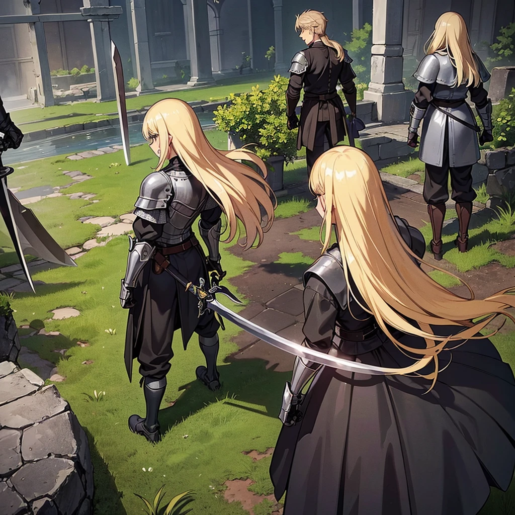 Best illustrations、Best Quality、(((Simple grey armor、Black trousers、Black gloves、woman、18-year-old、Blonde、Long Hair)))、(((Grab the sword、Get Ready)))、(Old ruins、desert。Grass)、Fall to the floor、(Black, muddy swamp)、(中世の騎士が10 people)、(get annoyed、anxiety、impatience、Open your mouth、shout)、(lots of medieval knights、10 people)、battlefield、(From the back、Back view、back view)