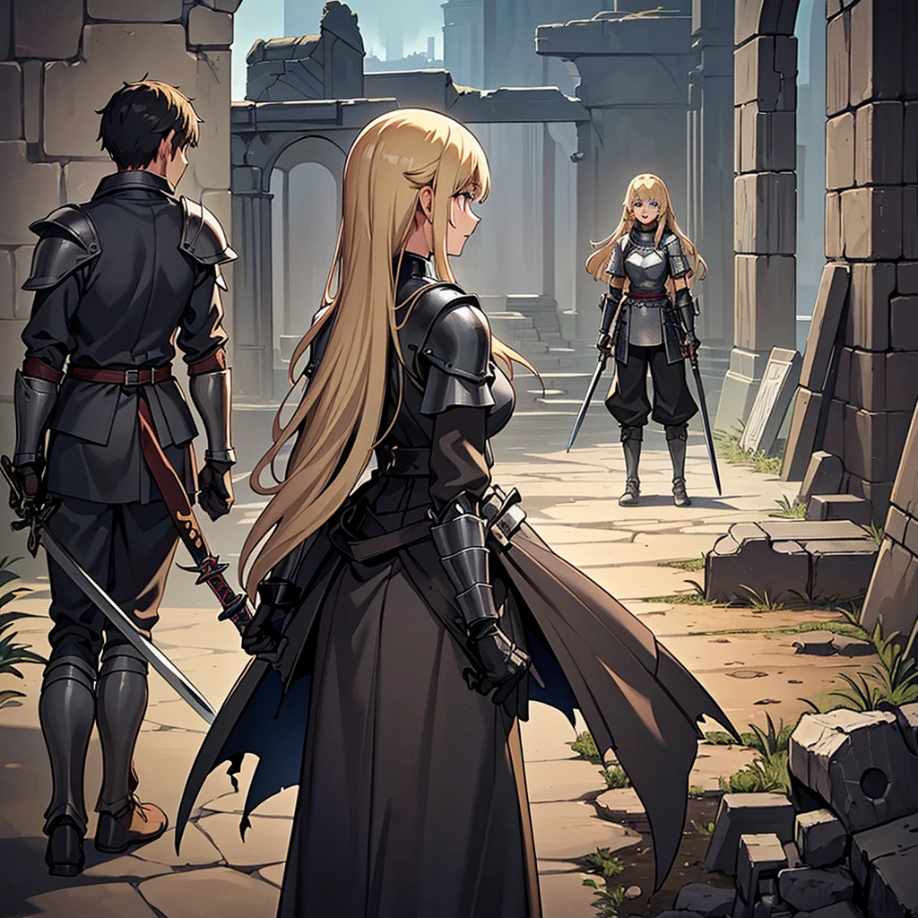 Best illustrations、Best Quality、(((Simple grey armor、Black trousers、Black gloves、woman、18-year-old、Blonde、Long Hair)))、(((Grab the sword、Get Ready)))、(Old ruins、desert。Grass)、Fall to the floor、(Black, muddy swamp)、(中世の騎士が10 people)、(get annoyed、anxiety、impatience、Open your mouth、shout)、(lots of medieval knights、10 people)、battlefield、(From the back、Back view、back view)