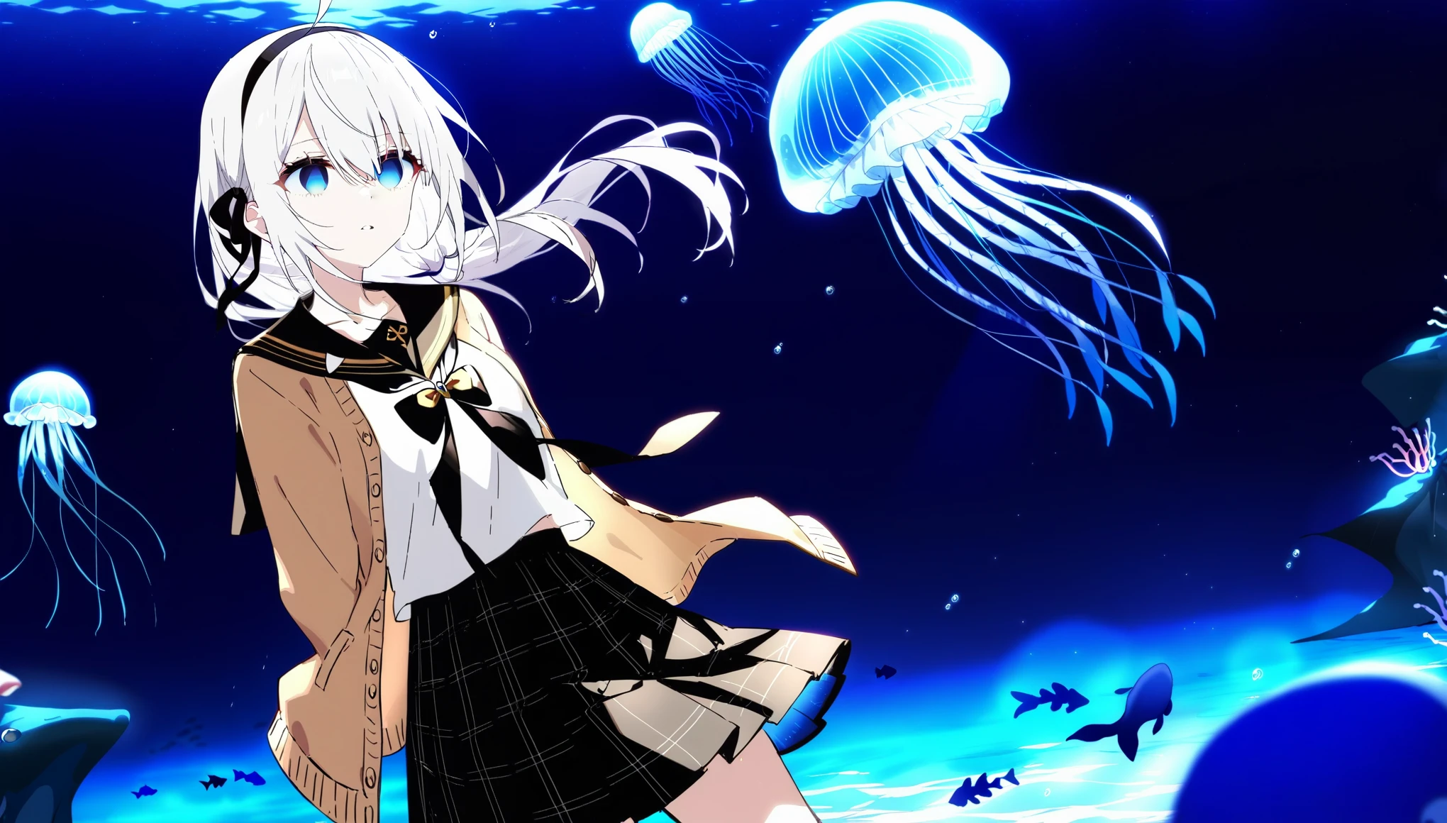 1girl, ciloranko:1.1, noyu \(noyu23386566\), wanke, minato_ojitan, (z282g:1.3), studio anime, anime screencap, official art, absurdres, best quality, perfect anatomy, newest, new, empty eyes, 1girl, skirt, long hair, blue eyes, shirt, sailor collar, jellyfish, cardigan, white hair, white shirt, long sleeves, , open cardigan, pleated skirt, hair between eyes, plaid, plaid skirt, underwater, bubble, solo, neck ribbon, black ribbon, parted lips, ahoge, ribbon, open clothes, dragon, fish, serafuku, blue theme, water, black skirt, collarbone