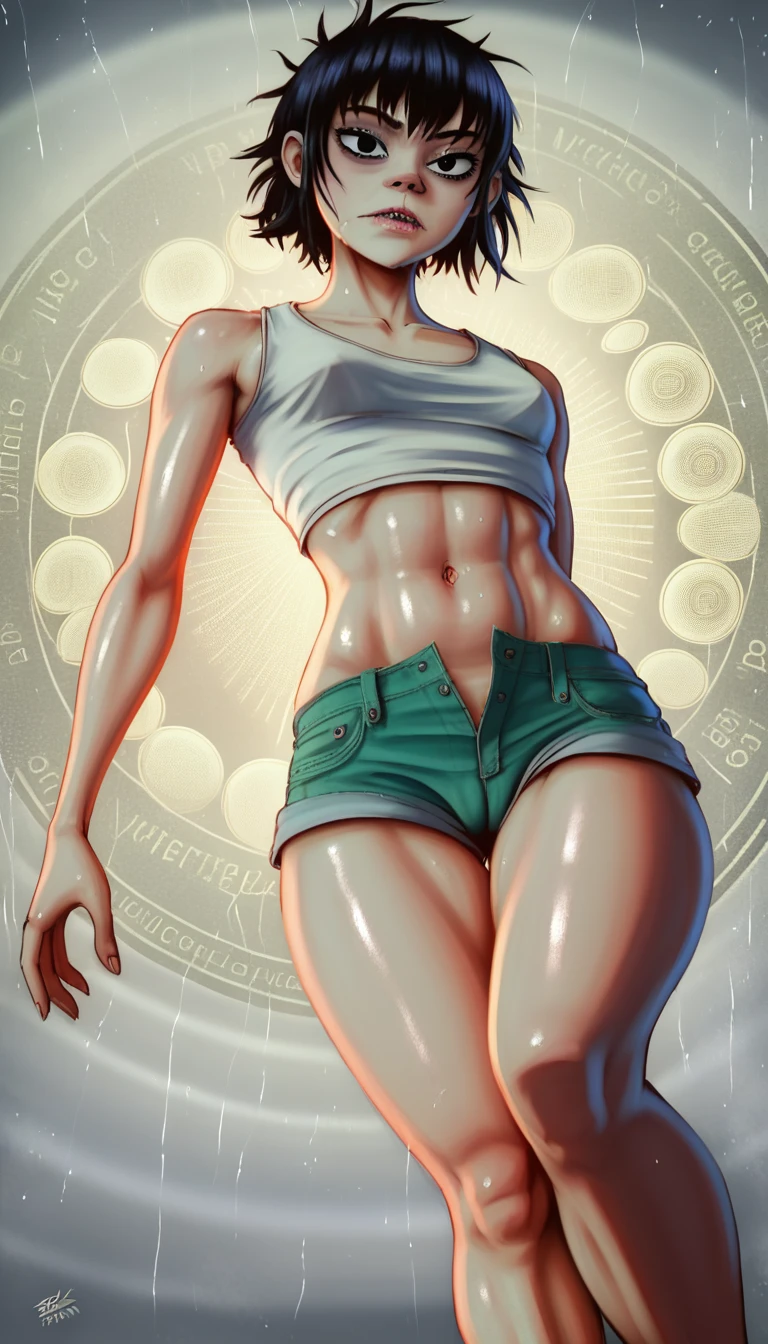 (masterpiece, best quality:1.2),  noodle (gorillaz), full-body shot ,black hair, 1girl, streaked hair, black eyes, multicolored hair, bangs, parted lips, breasts, small breasts, bob cut, thick butt, cameltoe, White background, ((white unbuttoned crop-top, unbuttoned short shorts, barefoot)), pulling off shorts, masterpiece, best quality, absurdres, highres, 4k, ray tracing, perfect face, perfect eyes, intricate details, highly detailed, (best quality:1.33), (masterpiece:1.42),(semi realistic:1.3), (detailed:1.15),(skin details), Dappled Light, analog style (look at viewer), (skin texture), (realistic texture skin), cinematic light, side lighting, ultra high res, best shadow, RAW, (Dutch angle:1.1), lightroom, cinematic, hdr, raw, (intricate:1.4), high quality, soothing tones, intricate details, low contrast, extremely high quality RAW photograph, detailed background, intricate, Exquisite details and textures, highly detailed, ultra detailed photograph, warm lighting, 4k, sharp focus, high resolution, detailed skin, detailed eyes, 8k uhd, dslr, high quality, film grain, Fujifilm XT3, 
Rainy Day: The diffused light and wet surfaces on a rainy day can create a moody and atmospheric environment, perfect for capturing reflections and street photography.,