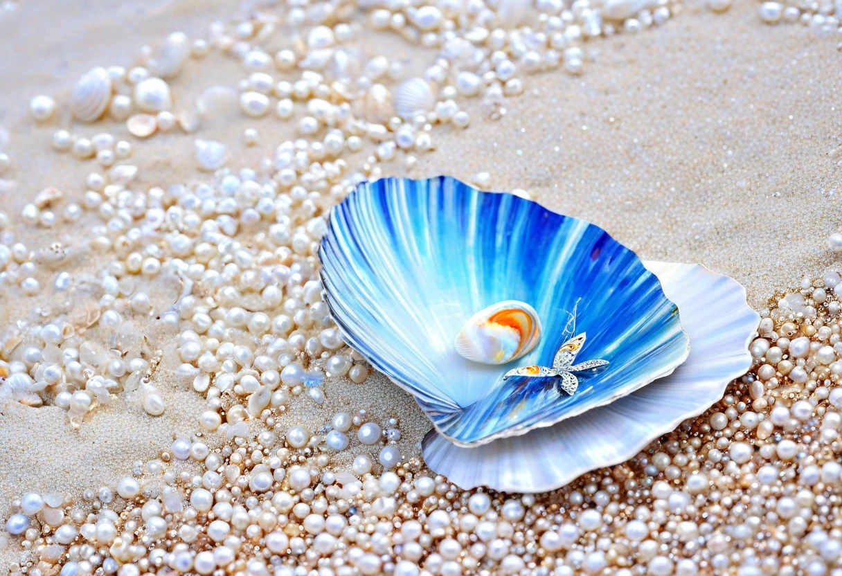 a close up of a painting of shell and butterflies on a beach, seashell, pearls and shell, shell, shell, Blue Bird of the Sea, shell , coastal, Beautiful art, Beautiful pearl oyster, 5D, Written by Dechko Uzunov, Nacre coating, Beautiful depiction, Ultra-realistic、beautiful、Fantasy、