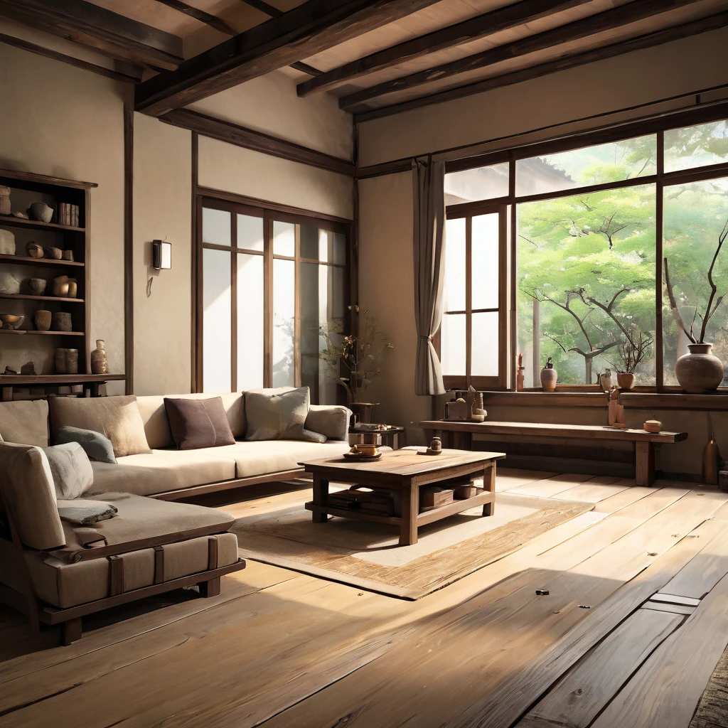 cinematic photo,mrares, ((wabi-sabi style:1.5)), (wabi-sabi_style:1.5), (Zen:1.5),(wabi-sabi elements:1.3), traditional living room, simple style, living room, home, wooden floor, there is a sofa placed in the space, wide angle,long-focus,depth of field, . 35mm photograph, film, bokeh, professional, 4k, highly detailed
