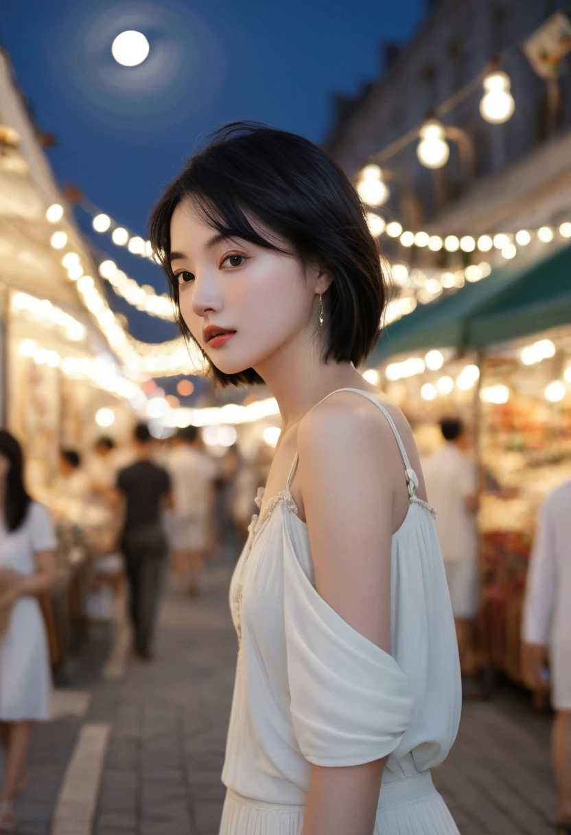 masterpiece, best quality, Miranda, (Half-length photo,Street Lights,moon),masterpiece, 1 Girl, Solo exhibitions, Beautiful woman on the busy street, Surrounded by vendors, Beautiful goddess girl portrait, Beautiful and delicate face, Porcelain skin, (((Half-length photo, center, night, Black Hair, short hair)), Super soft light, symmetry, complex, grace, High Detail, realism, Art, concept Art,