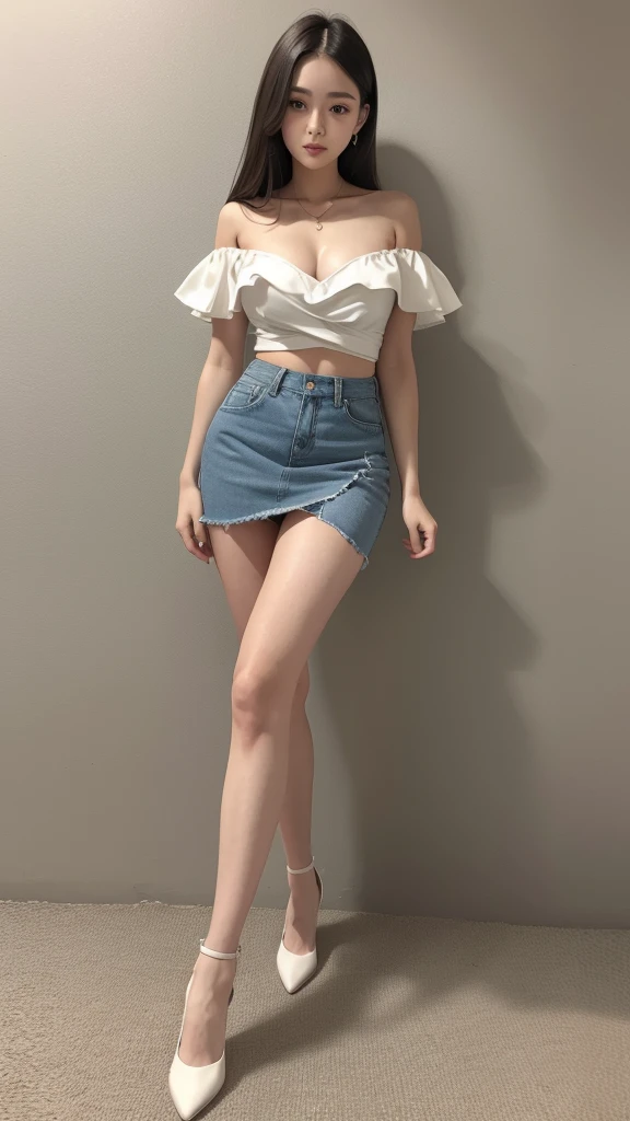 Beautiful full body image of a young woman, wearing a V-NECK, OFFSHOULDER, STRAPLESS, miniskirt