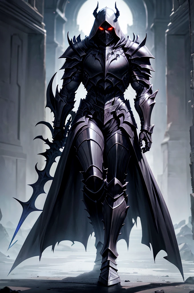 Male, demon knight, black cloak, hood over head,  wearing pitch black plate armor that has sharp features, 4k, masterpiece, high res, wearing a helmet, death knight, muscular build, evil looking, full body view, necromancer, red glowing eyes, riding a armored black warhorse, mysterious vibe, shadow aura