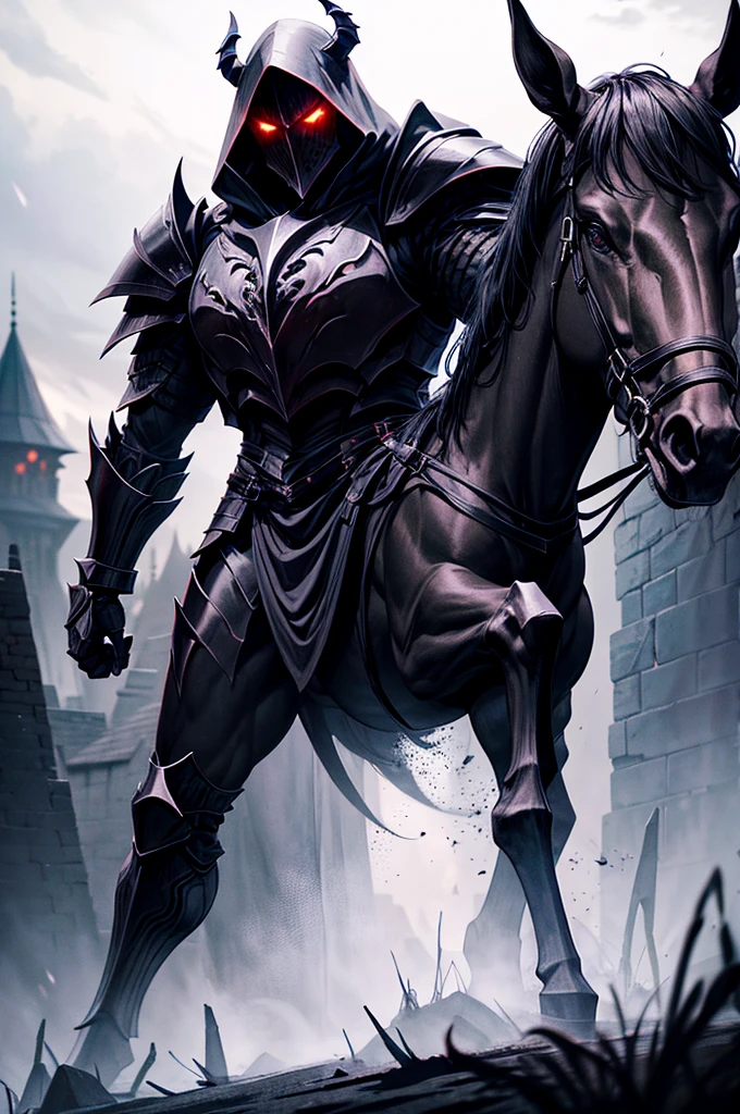 Male, demon knight, black cloak, hood over head, wearing pitch black plate armor that has sharp features, 4k, masterpiece, high res, wearing a helmet, death knight, muscular build, evil looking, full body view, necromancer, red glowing eyes, riding a armored black warhorse, mysterious vibe, shadow aura