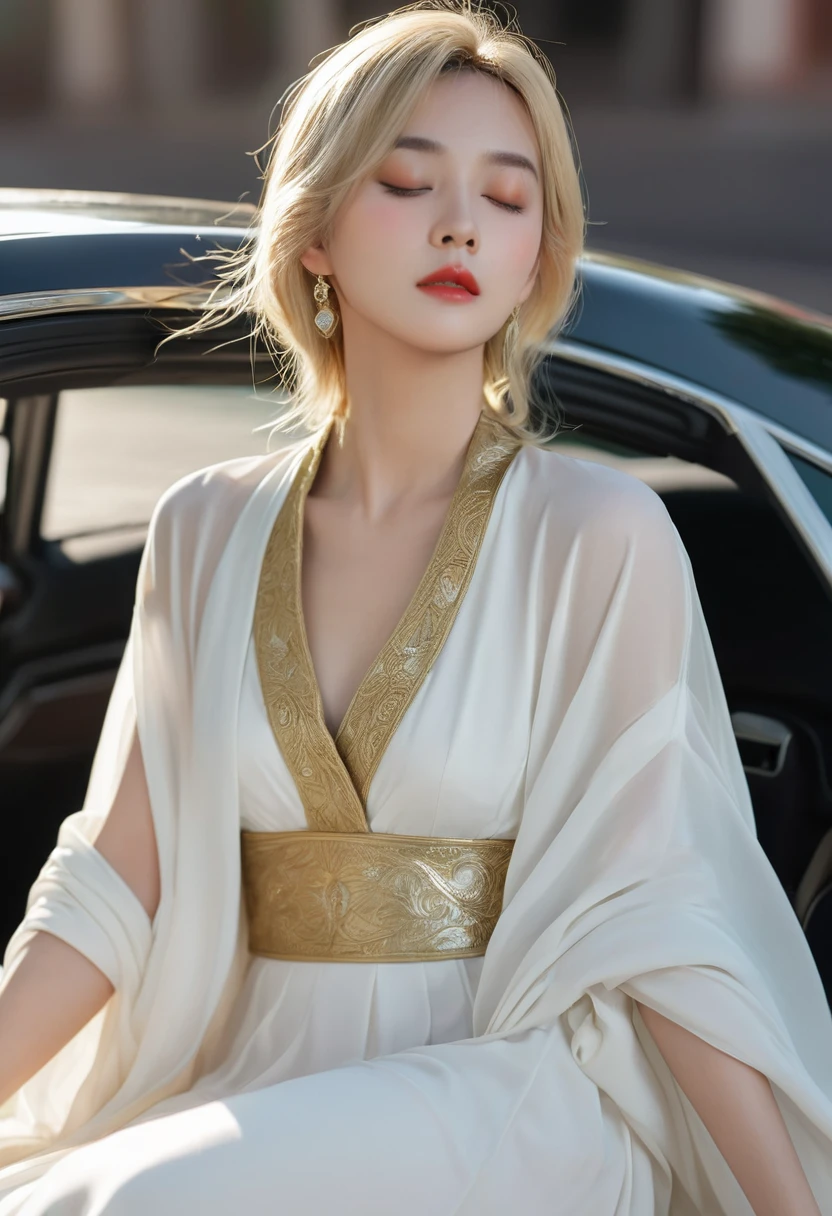 ((masterpiece)), ((best quality)), 8K, HD, Super Detail, (Miss), (White dress with gold trim), (Blonde hair shawl scattered), (Expressions close your eyes) (Sleeping in the car 1.6) (Full body display 1.4) 这件艺术品堪称masterpiece, With the best quality and high detail, captured in 8K HD. Photographic Practical, Practical, very detailed illustrations Practical, Octane Rendering