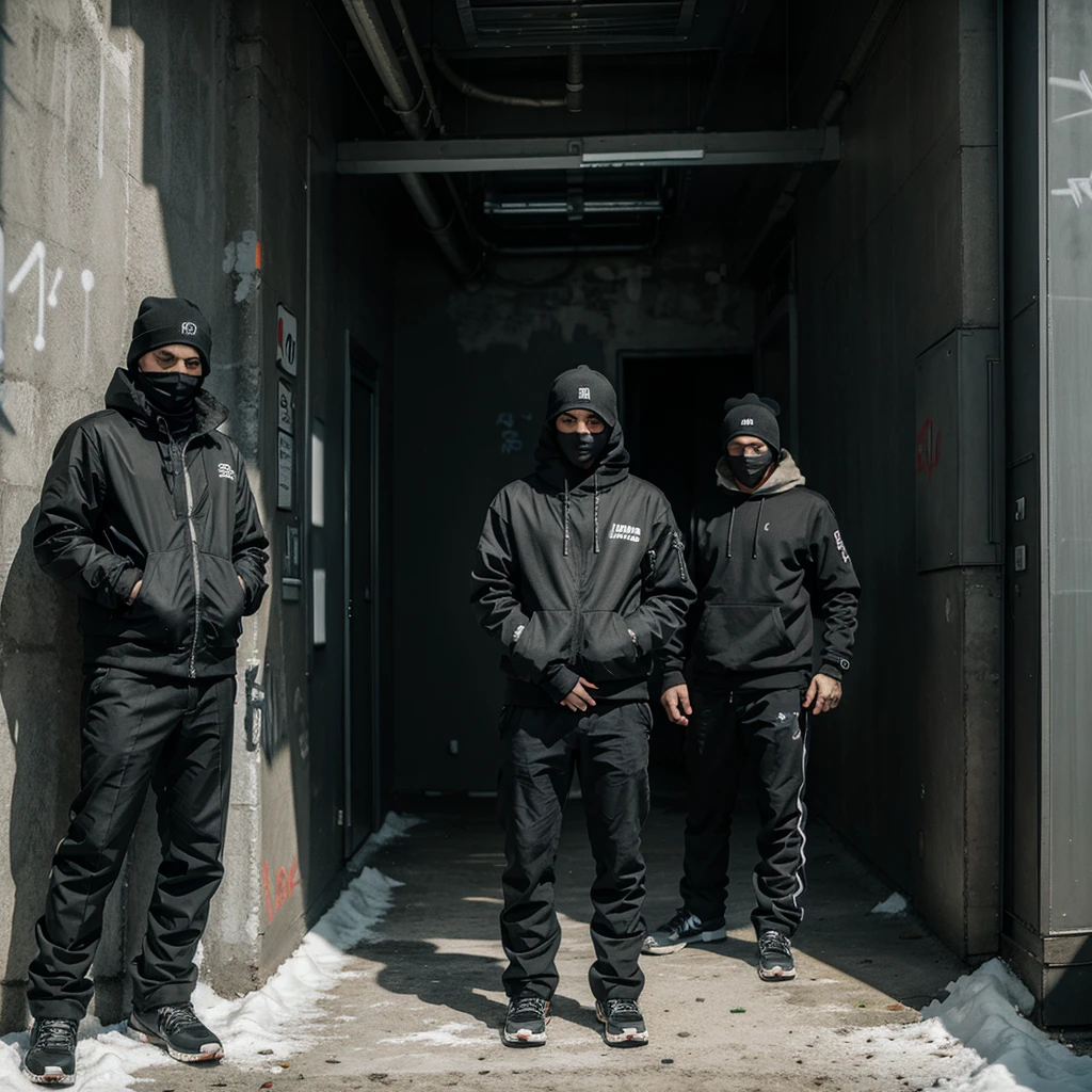 3 mafia people wearing ski masks with a graffiti background in a corner of the city