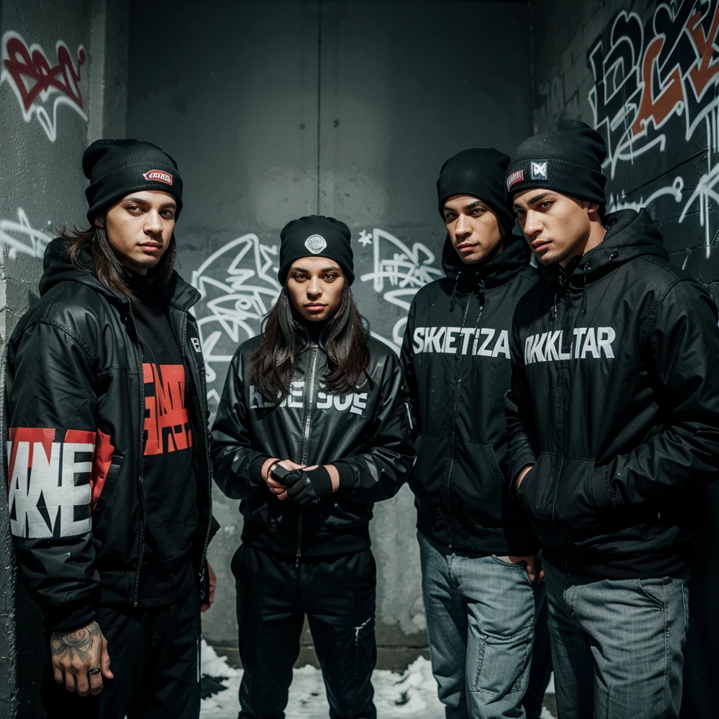 3 mafia people wearing ski masks with a graffiti background in a corner of the city