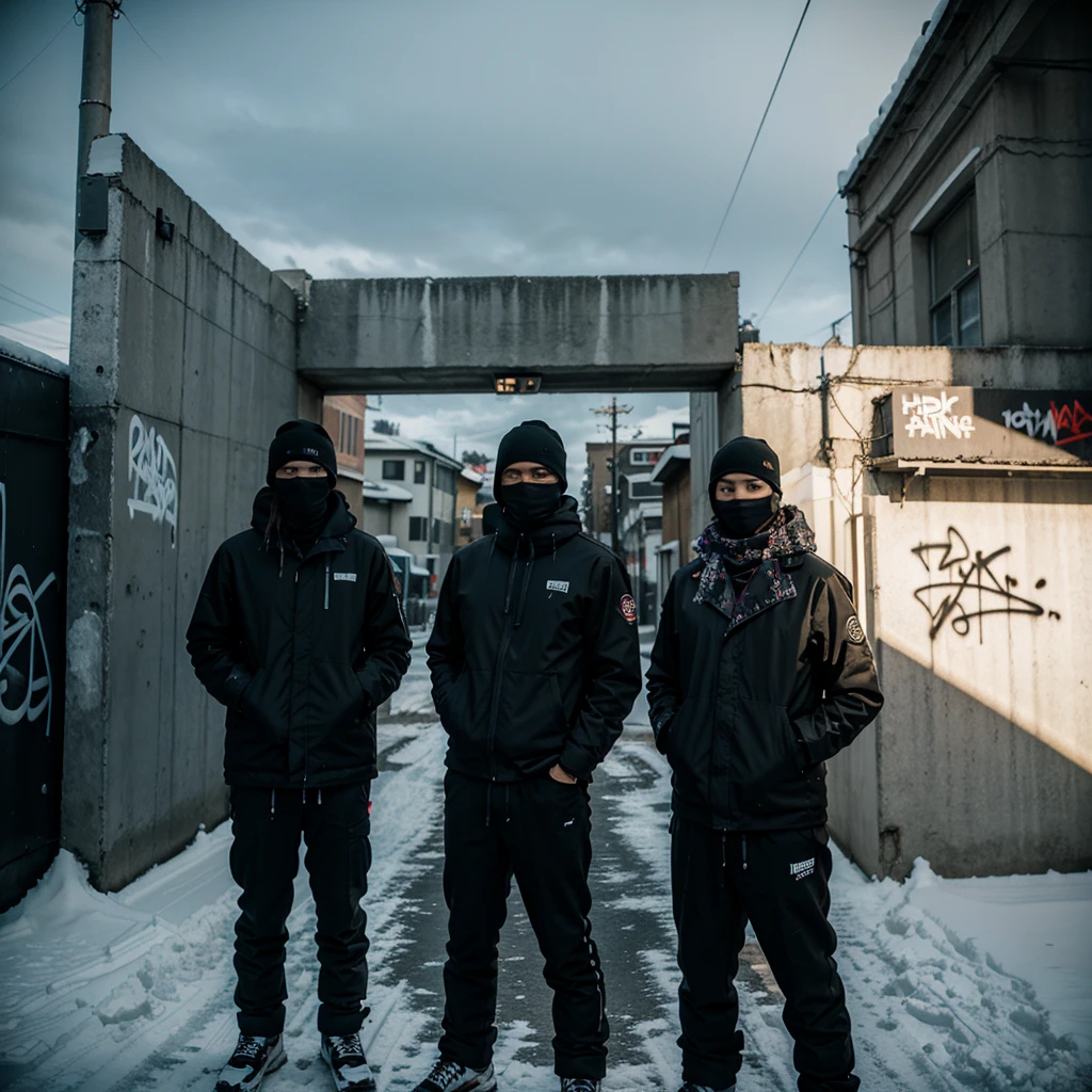 3 mafia people wearing ski masks with a graffiti background in a corner of the city