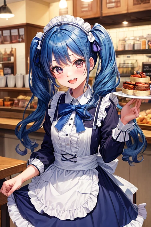 One woman,Twin tails,big tail,Cafe Waitress,eye_purple, Blue Hair,blush,blue Lolita fashion,Blue Uniform,one piece,ストライプribbon,Frills,ribbon,Laughter,cute